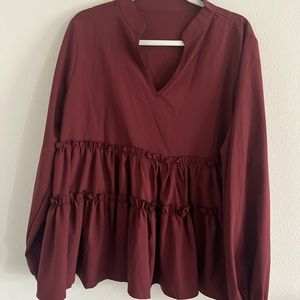 Elegant Long Sleeve Loose Ruffle Hem Babydoll Blouse